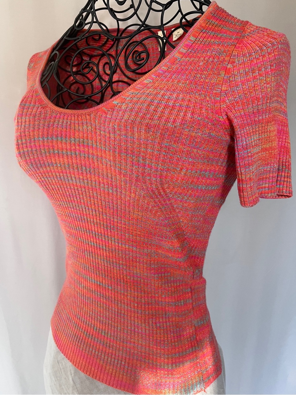 Moth Anthropologie Space Dye Rib Knit Top Pink Orange Short Sleeve Tee XS